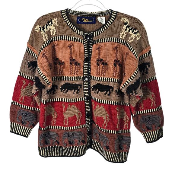 Vintage 90s 20 Ans Marisa Christina Safari Animal Knit Cardigan Sweater M - Picture 2 of 7